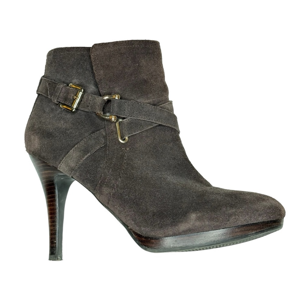 Tommy  Hilfiger chocolate brown suede ankle boots gold hardware wood stiletto